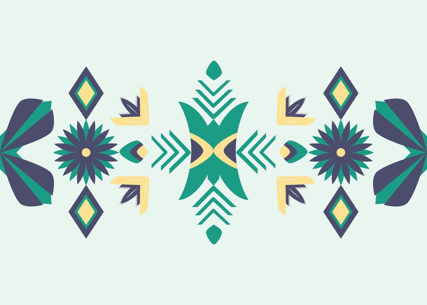 A geometric Native American tribal pattern decorates fabric, tile and carpet on a light green color background vector