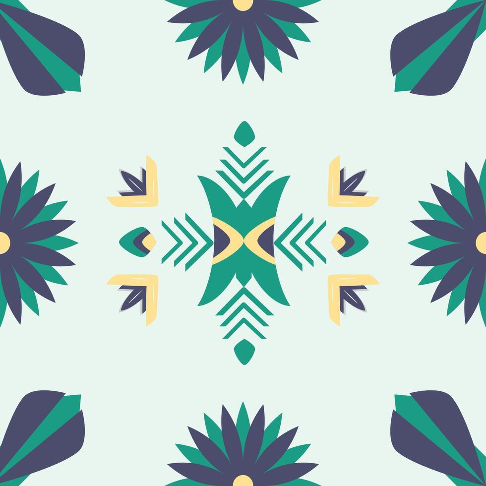 Native American tribal fabric with a geometric ethnic seamless pattern, designed for tile and carpet on light green color background vector