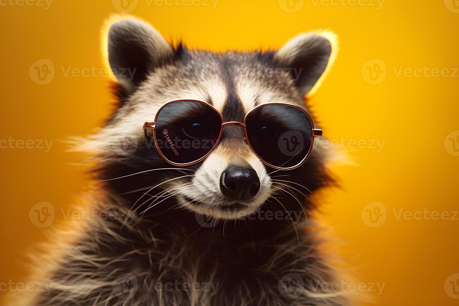 Funny raccoon wearing sunglasses in studio with a colorful and bright background. photo