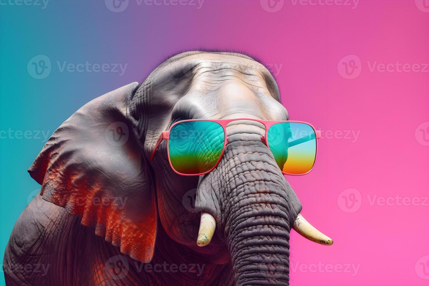 Funny elephant wearing sunglasses in studio with a colorful and bright background. photo