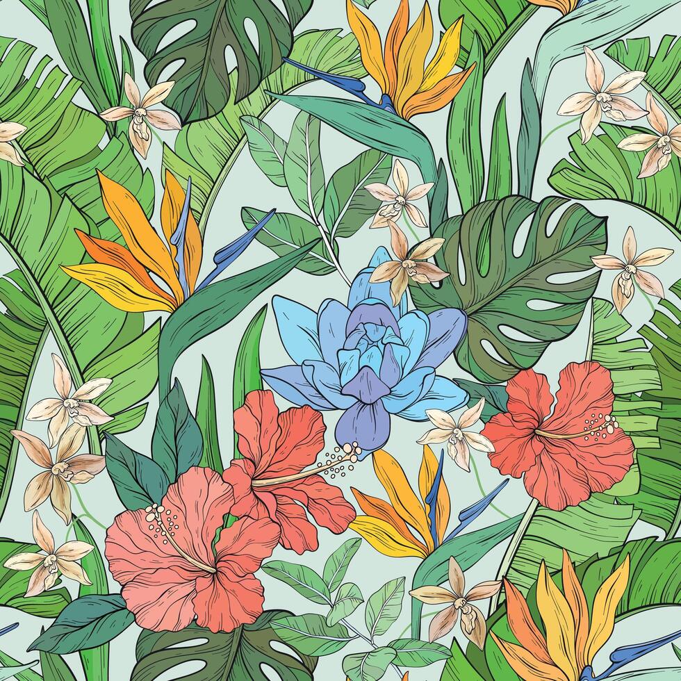 Seamless tropical pattern with various flowers. Hibiscus, bird of paradise flowers and palm leaves on a pastel blue background. illustration. vector