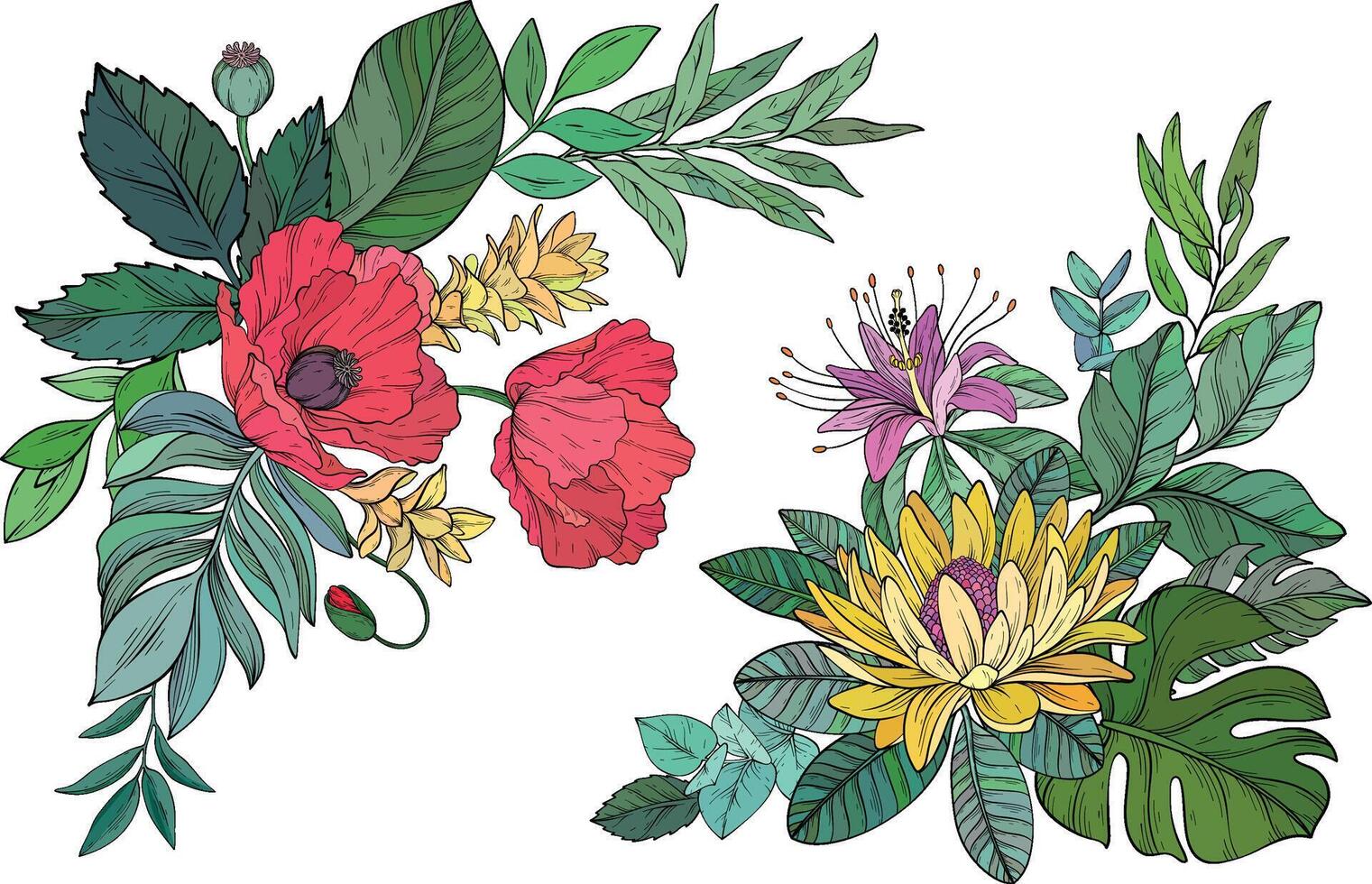 set of Bright and colorful tropical flowers arranged with vibrant green leaves for a lively composition vector