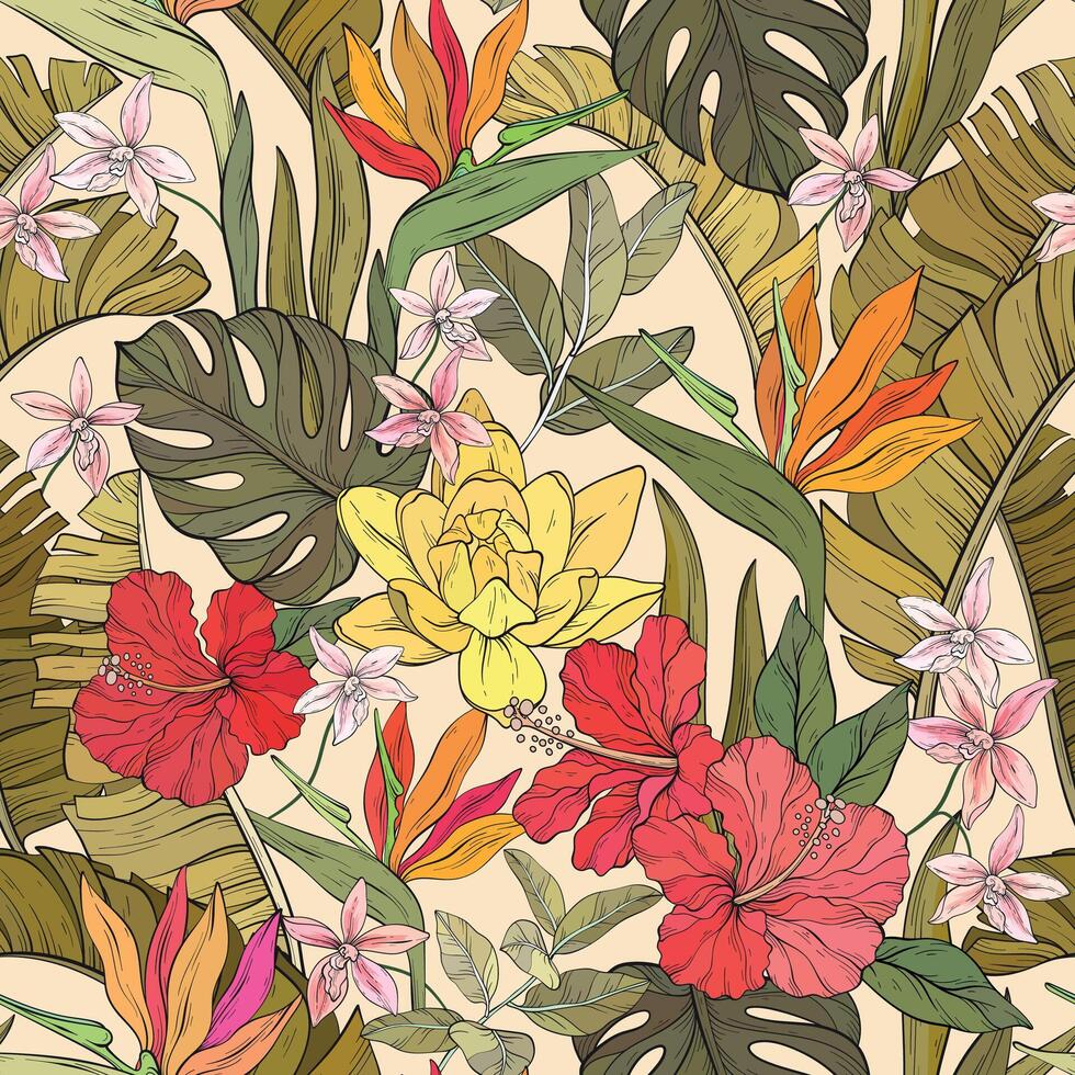Seamless tropical pattern with various flowers. Hibiscus, bird of paradise flowers and palm leaves on a pastel background. illustration. vector