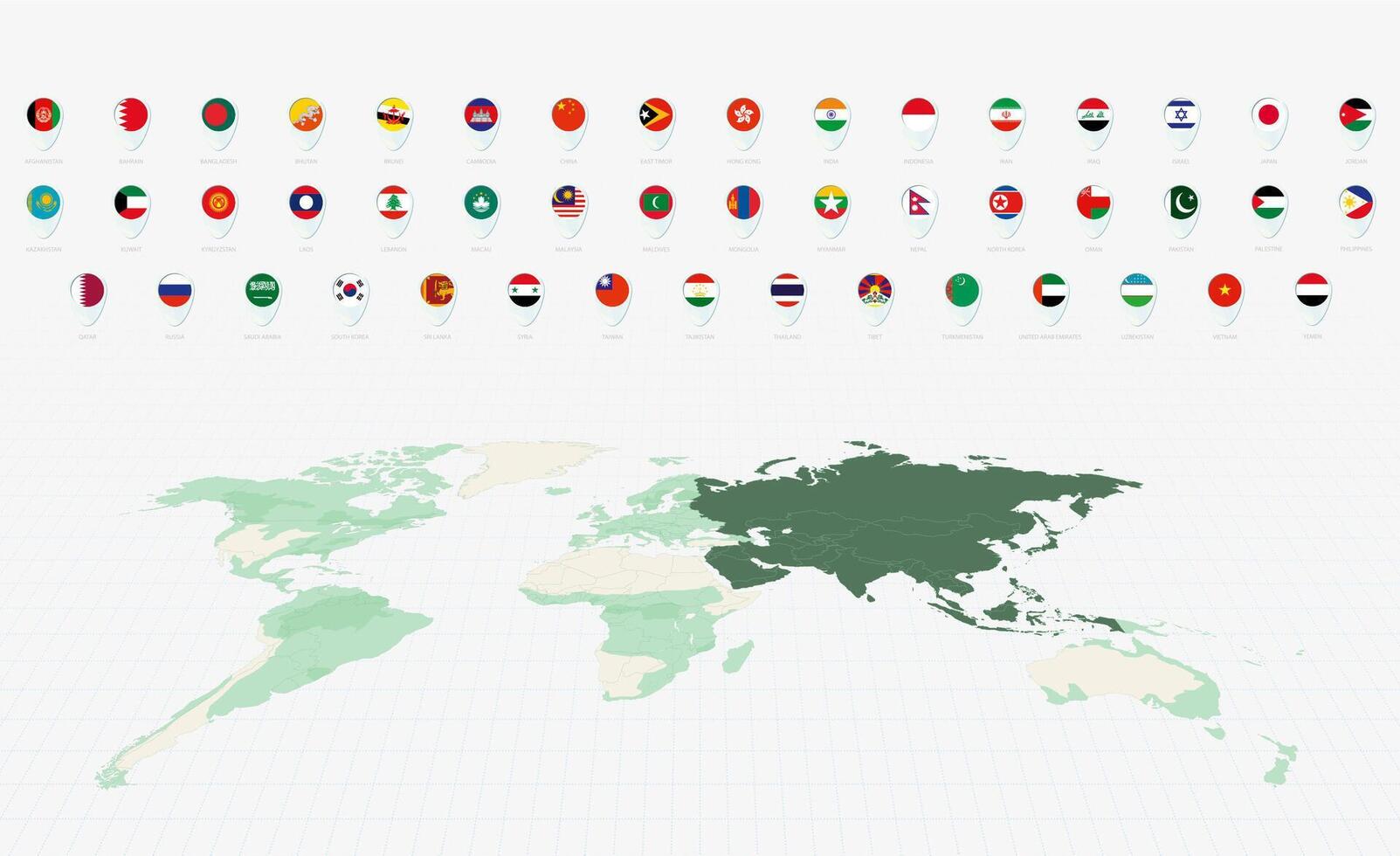 Asian Flags Collection, Blue pin icon design. Minimalist Asian Flags and World Map Representation. vector
