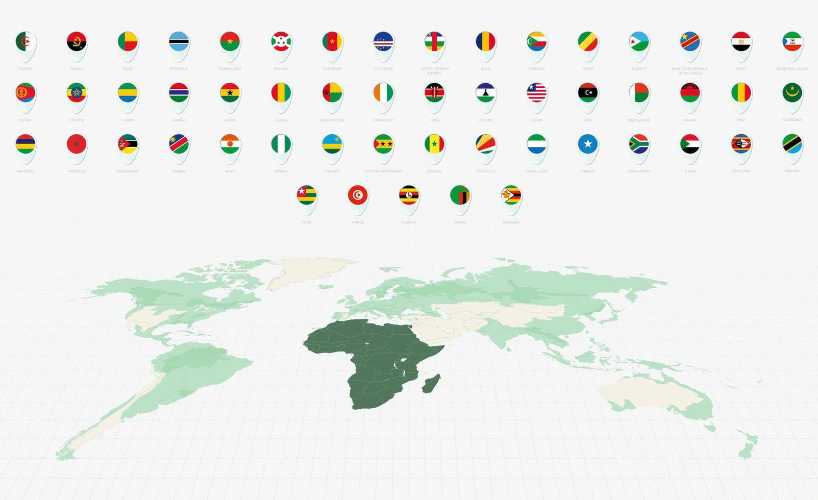 African Flags Collection, Blue pin icon design. Minimalist African Flags and World Map Representation. vector