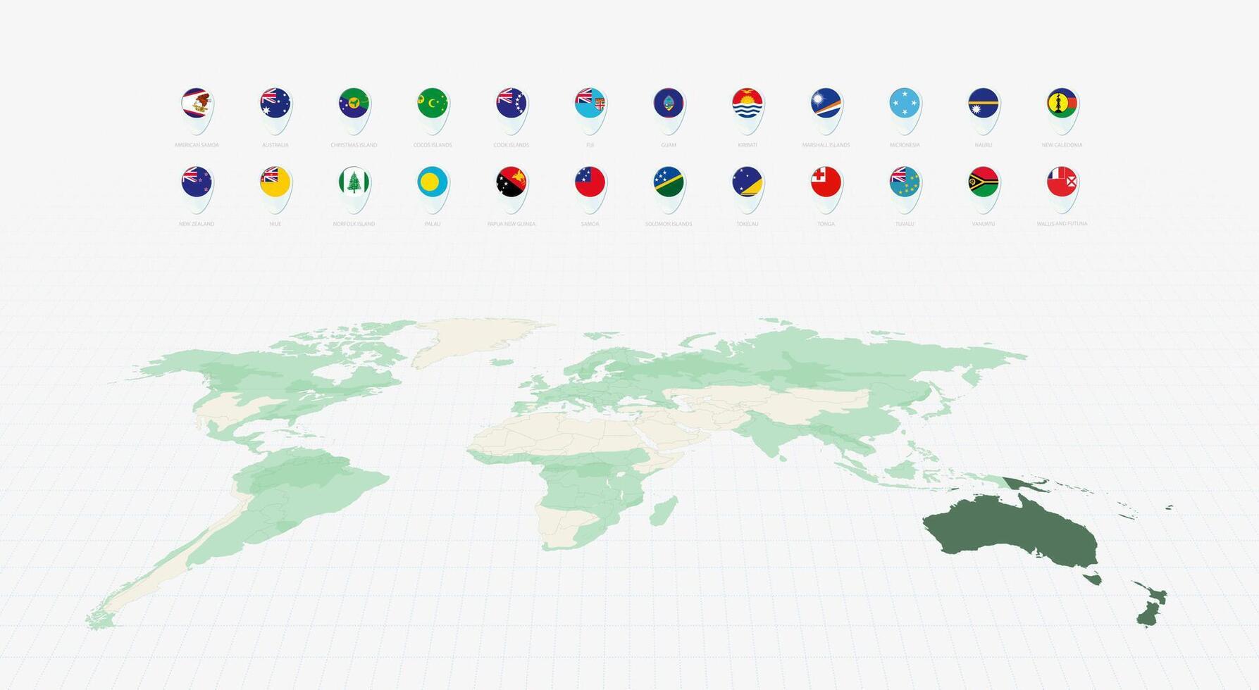 Oceanian Flags Collection, Blue pin icon design. Minimalist Oceanian Flags and World Map Representation. vector