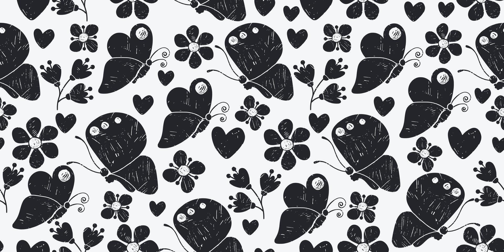 Seamless Pattern with Cute Butterflies, Flowers and Leaves. Simple and modern crayon drawings. Colorful insects and plants isolated on white background. vector