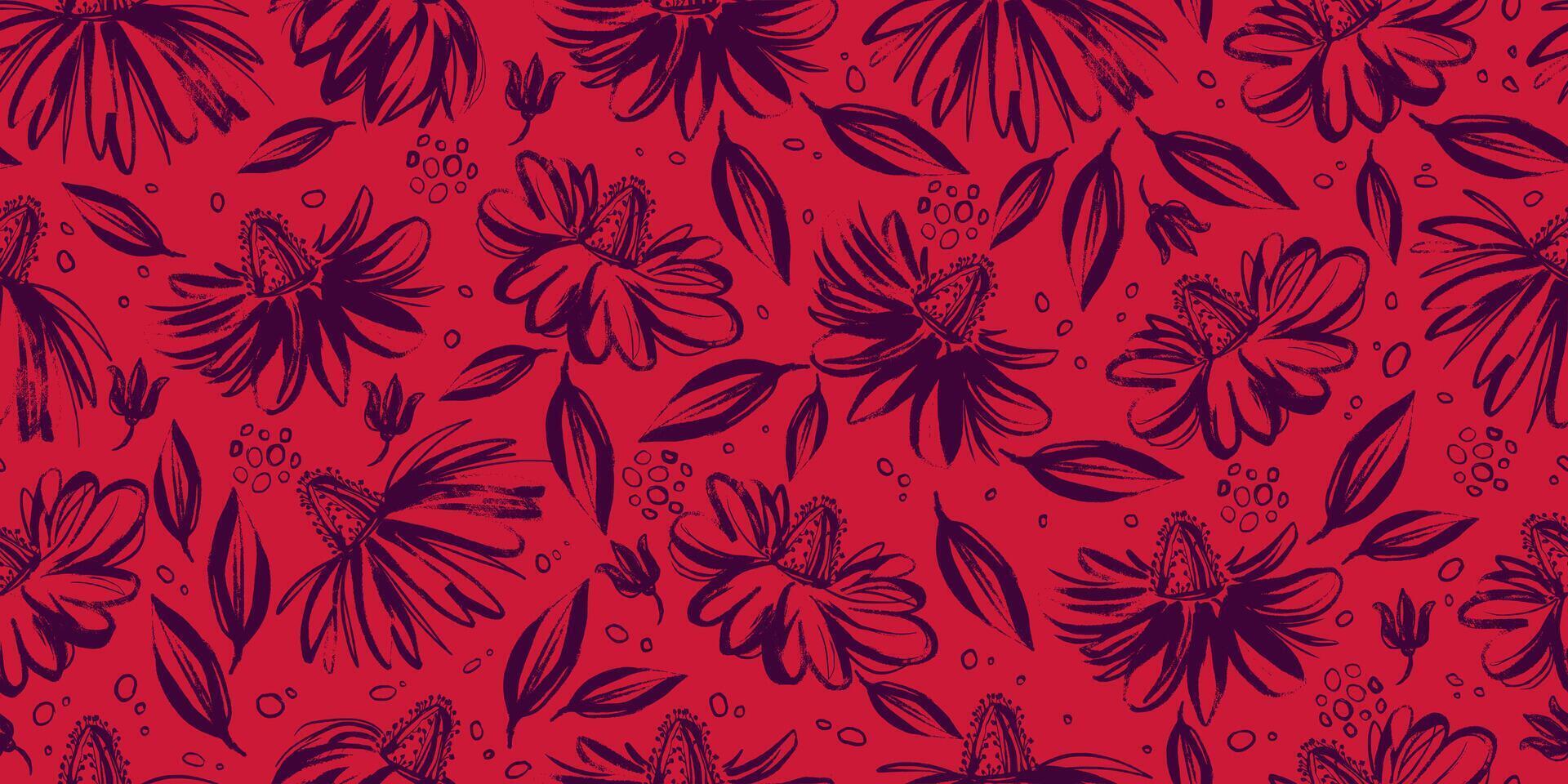 Grunge Floral Seamless Pattern with Elegant Hand Drawn Ink Botanical Blooms. Hand painted plants with grunge texture perfect for print, fashion, wrapping paper vector