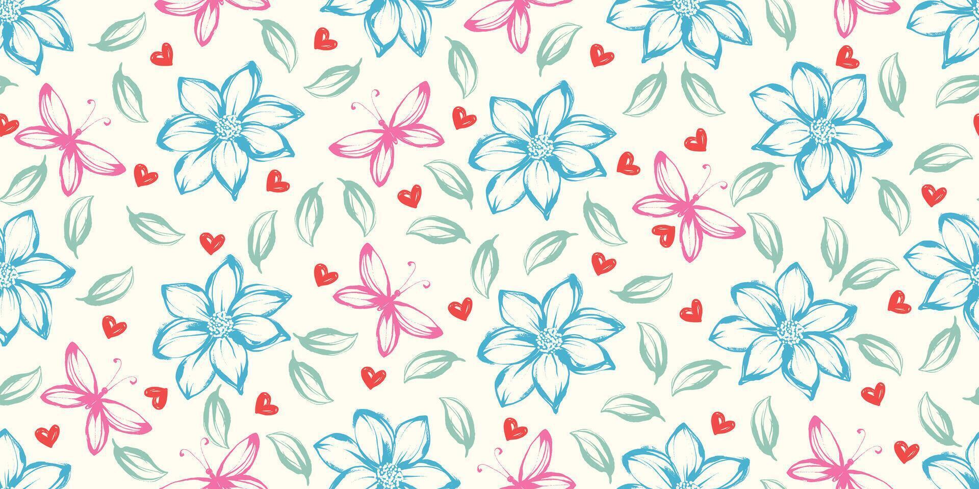 Seamless Pattern with Hand Drawn Crayon Flowers and Butterflies with Pastel Colors. Botanical hand painted plants with grunge texture vector