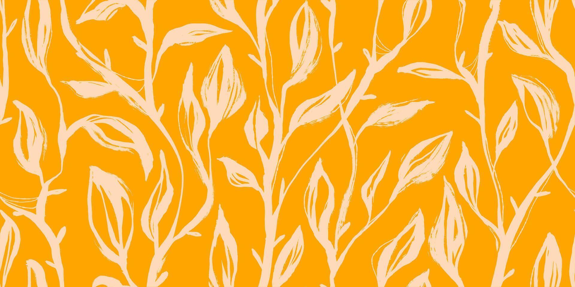 Modern Ink Branches with Leaves Seamless Pattern. Elegant hand drawn ink herbs with modern colors. Botanical hand painted plants with grunge texture vector