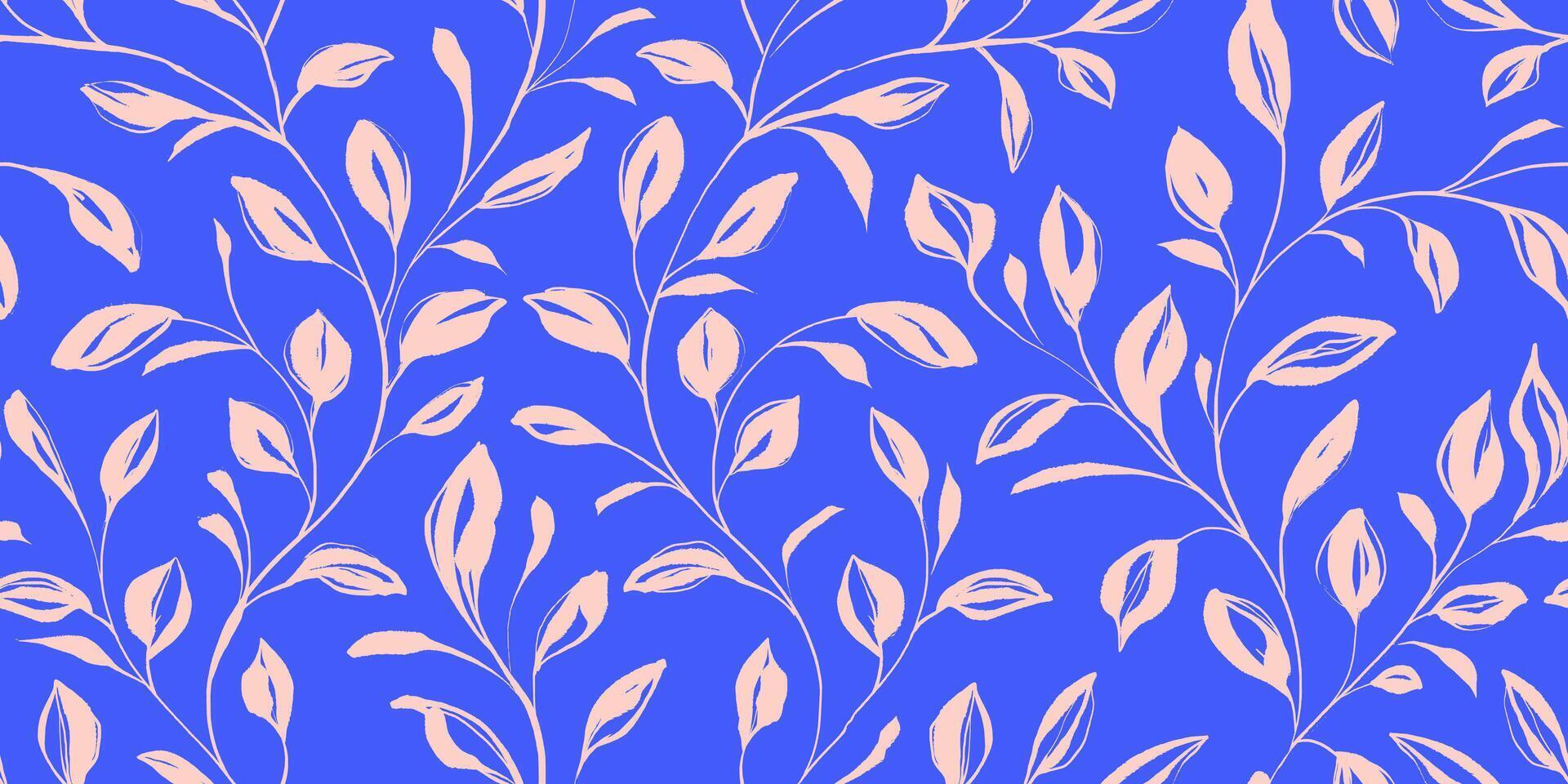 Hand Brushes Seamless Pattern with Botanical Ink Branches with Leaves. Simple silhouettes of plants with grunge texture. Design perfect for wrapping paper, fashion, print vector