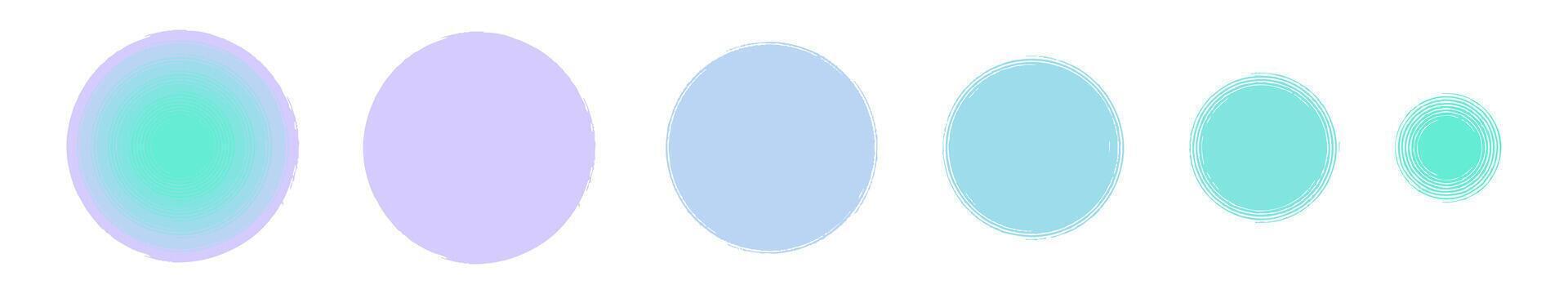 Set of 5 background circle frames with smooth color transition from lavender blue color to turquoise, concentric circles in grunge style, graphic element for web design, social media highlights vector
