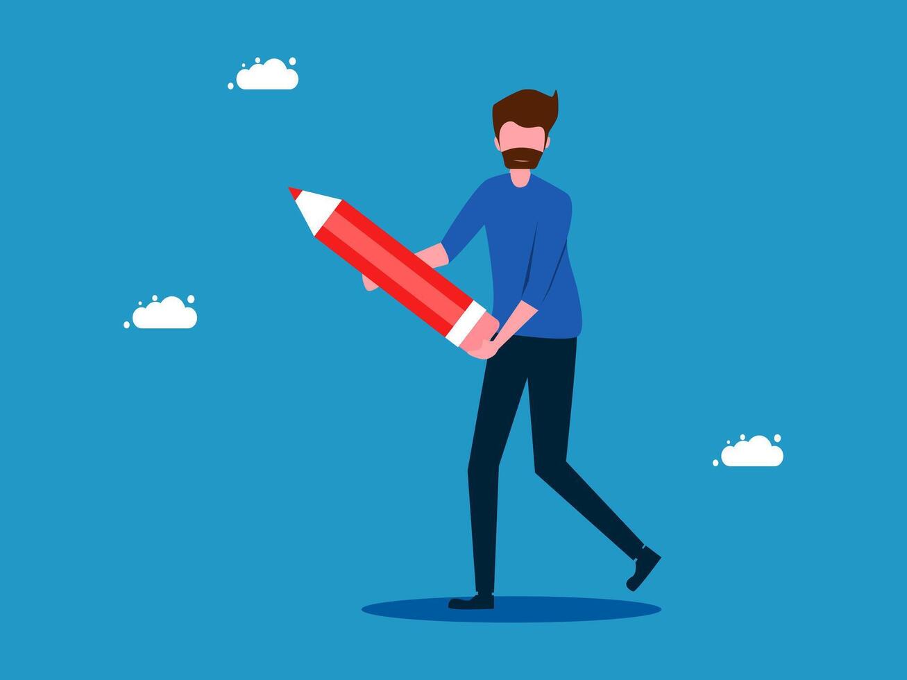 a man is holding a large red pencil vector