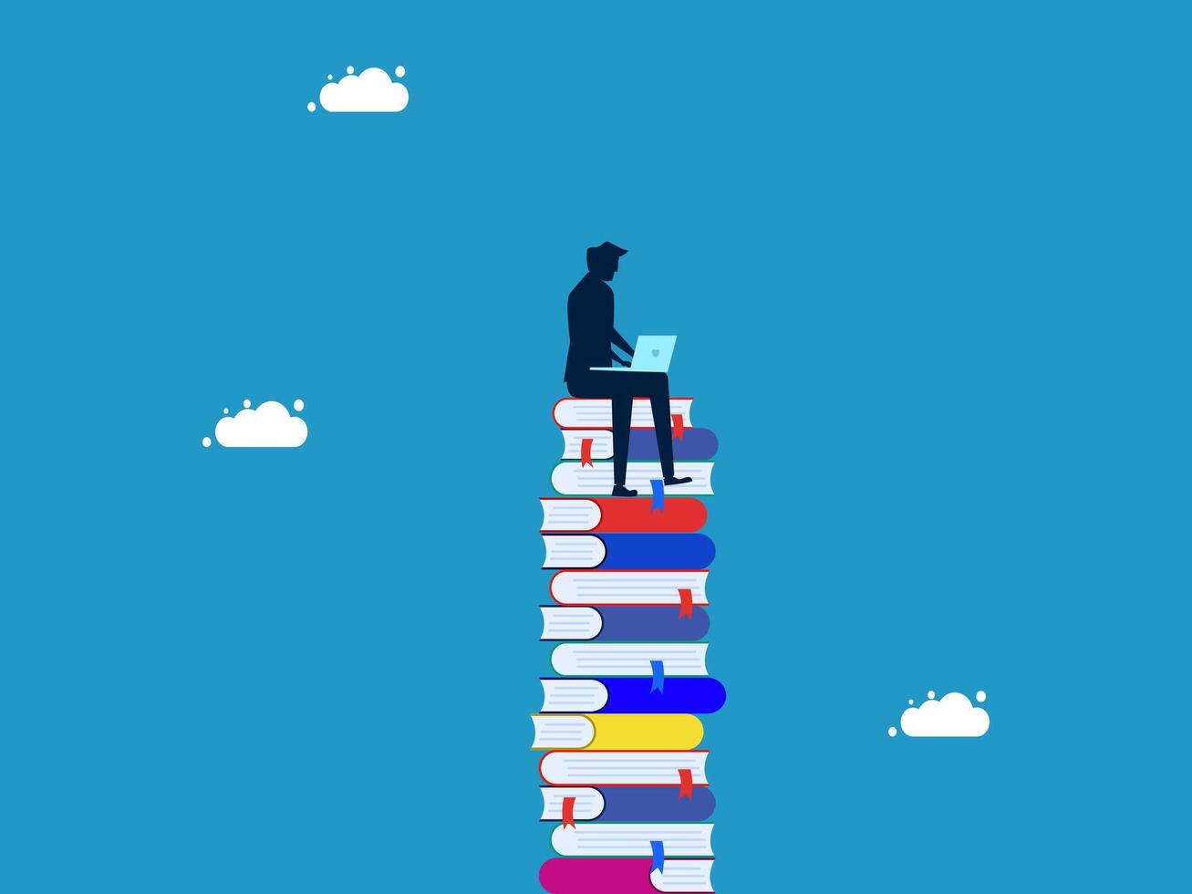 a man sitting on top of a stack of books with a laptop vector