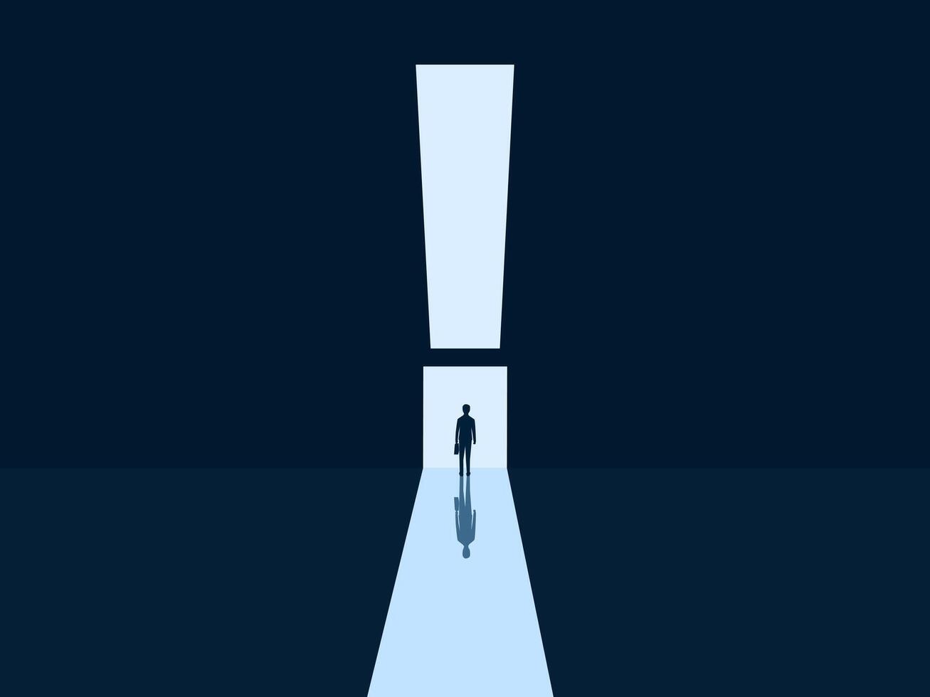 Challenge, Brave businessman standing in front of exclamation mark door vector