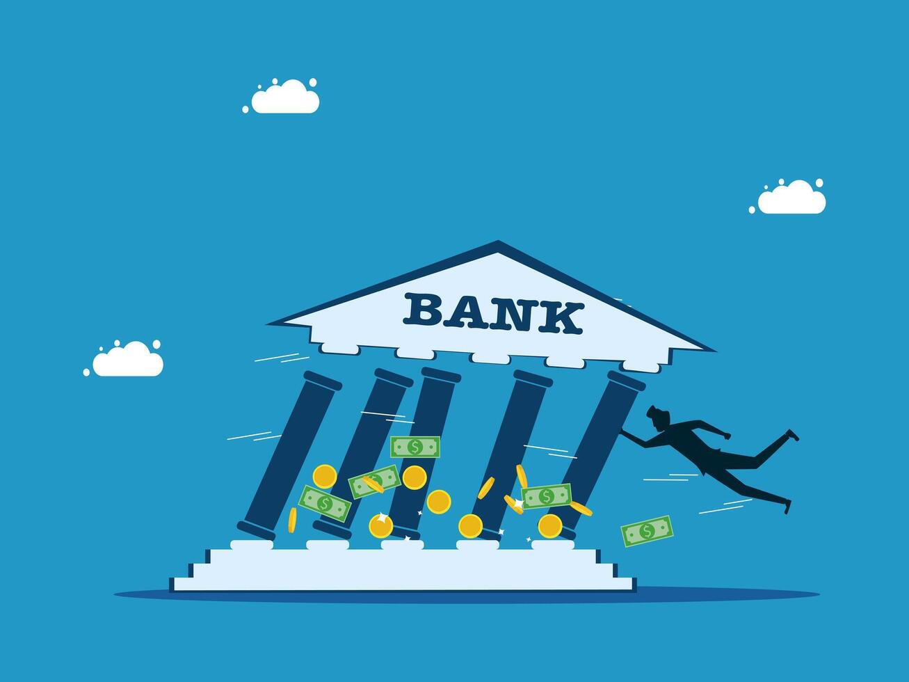 a man jumping over a bank with money falling out vector