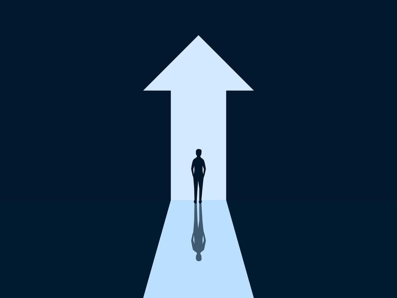 Career Development, Success, Opportunity, Businessman Standing in Front of an Arrow Shaped Door Growing vector