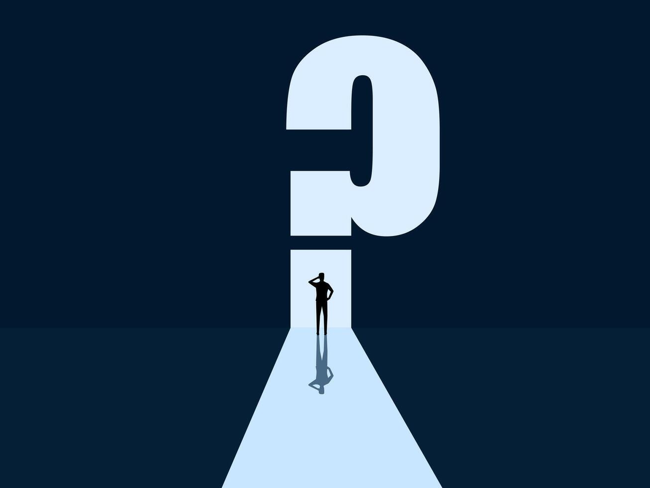 Opportunity, Challenge, Businessman standing thinking in front of a door with a question mark vector