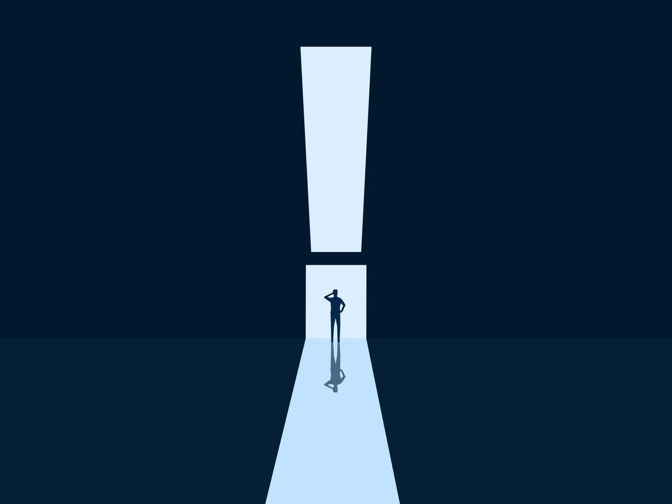 Warning, Challenge, Businessman thinking in front of exclamation mark door vector