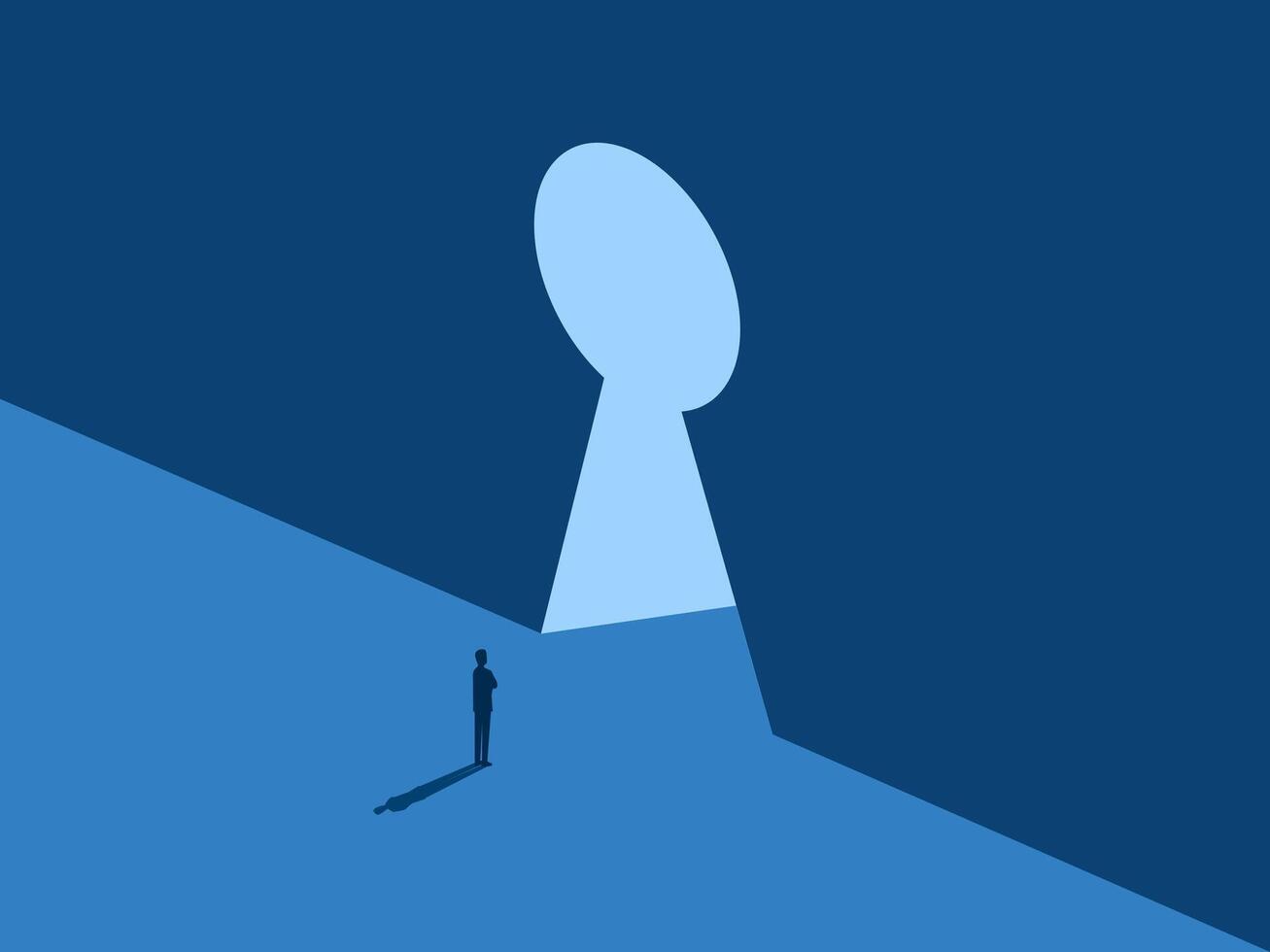 Key to success, man looks at the keyhole door to discover new areas vector