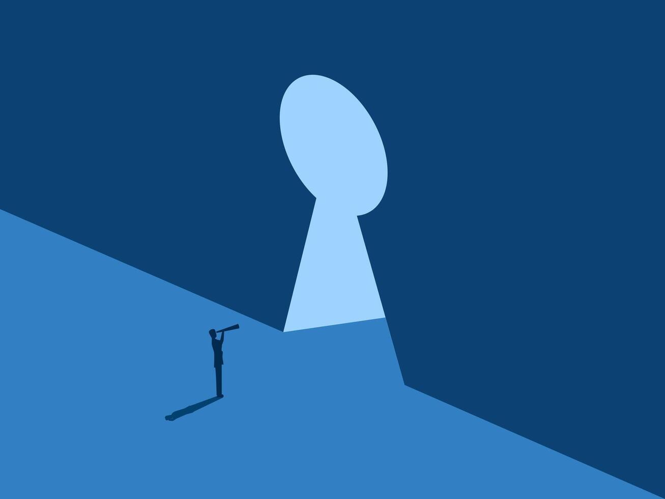 Step into the opportunity, Businessman looks at the keyhole door to discover new areas vector