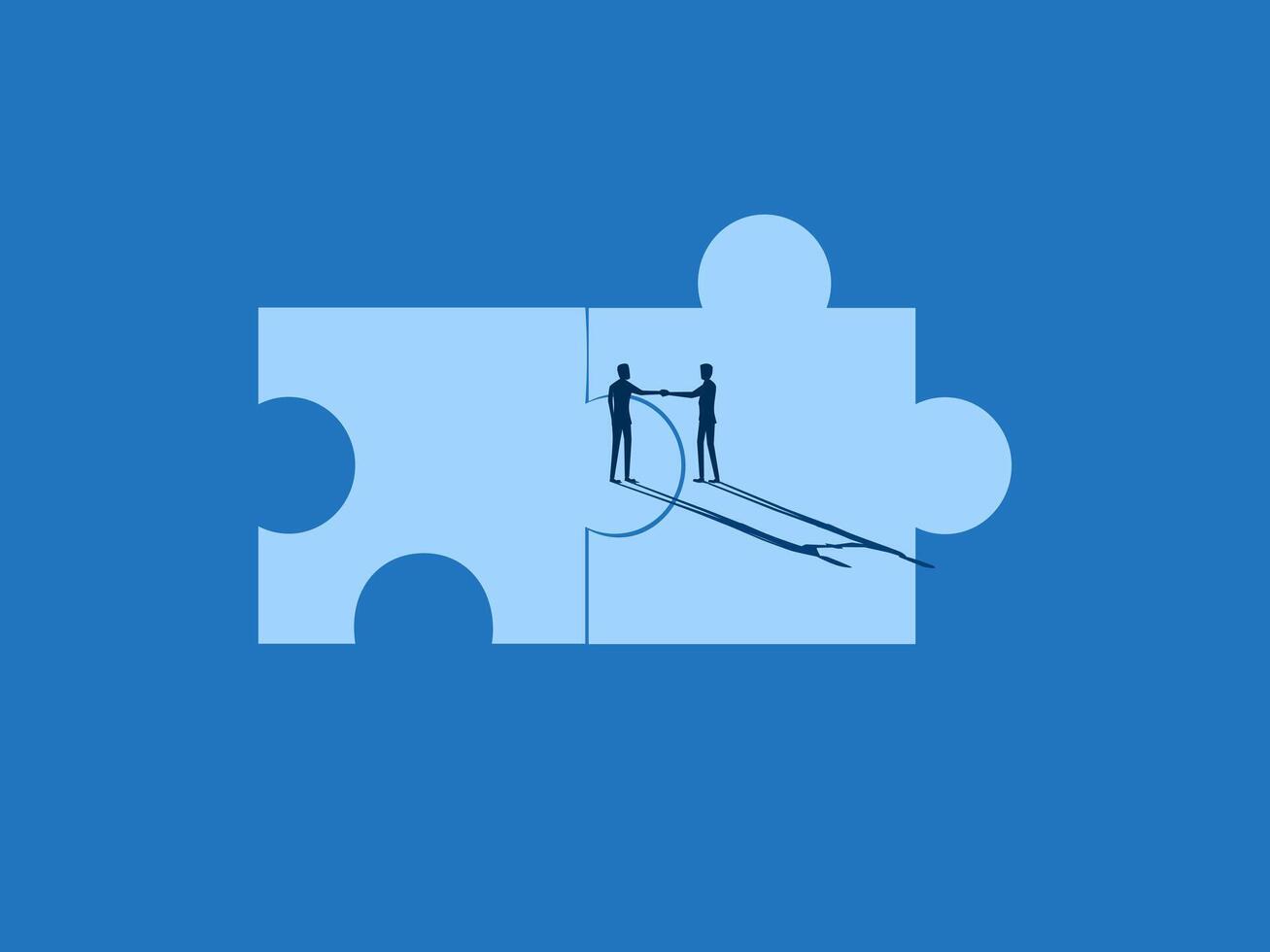 Deal, Merge, Businessman shaking hands on jigsaw puzzle area vector