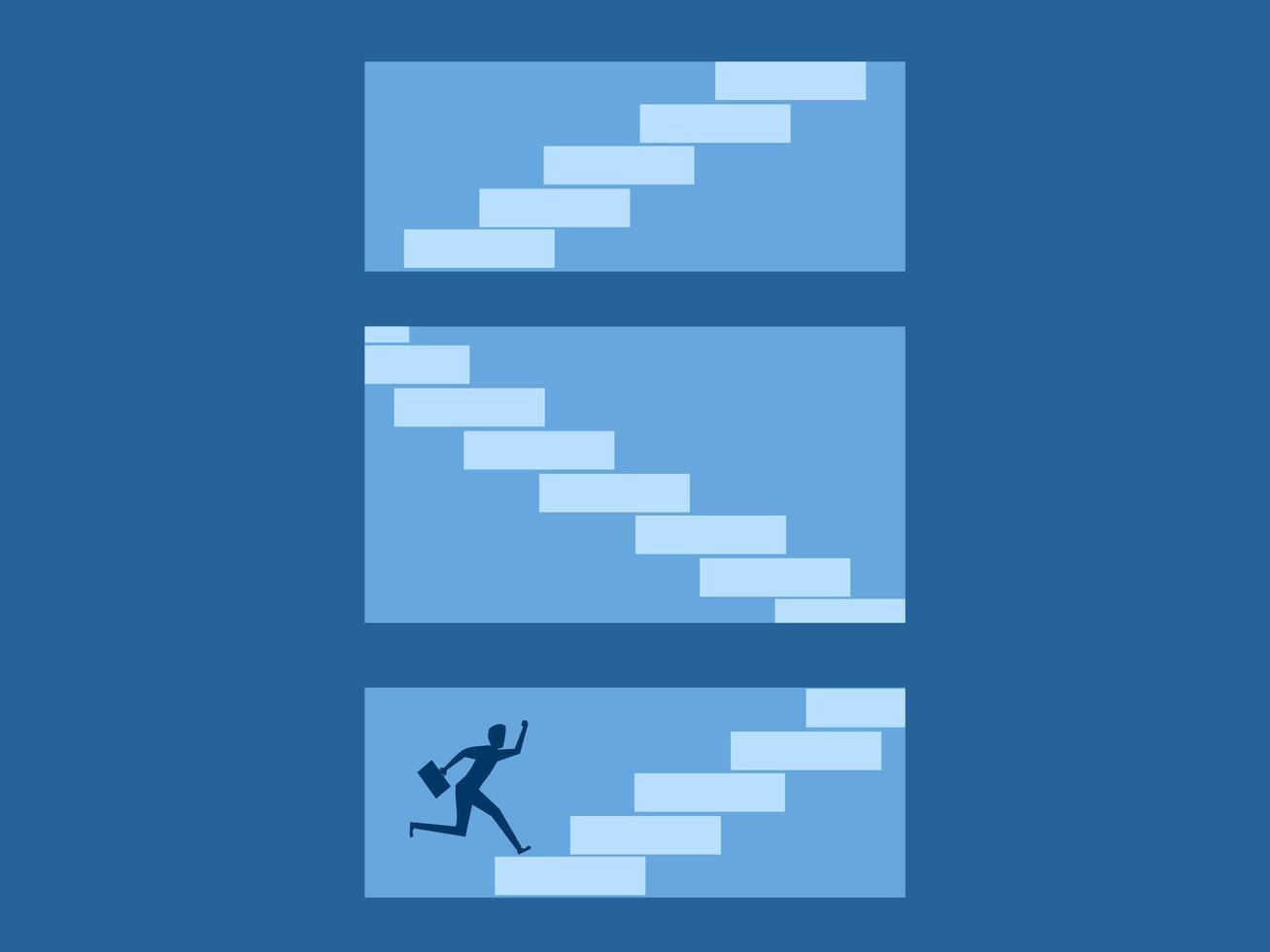 Step by step development, Progress, Businessman running up the stairs vector