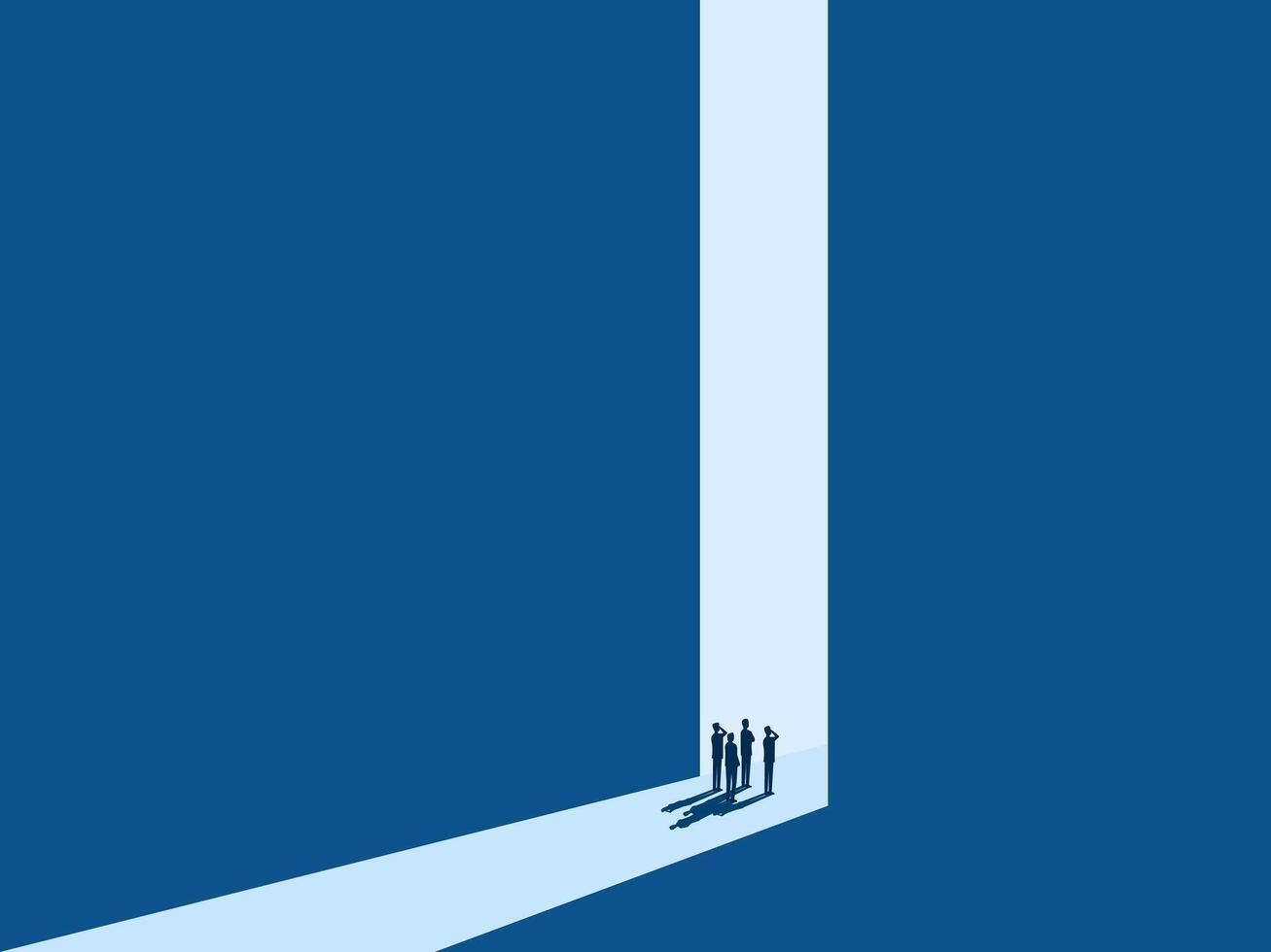Businessman Team Standing Thinking Confidently Looking at the Future in Front of Big Door Shining Light vector