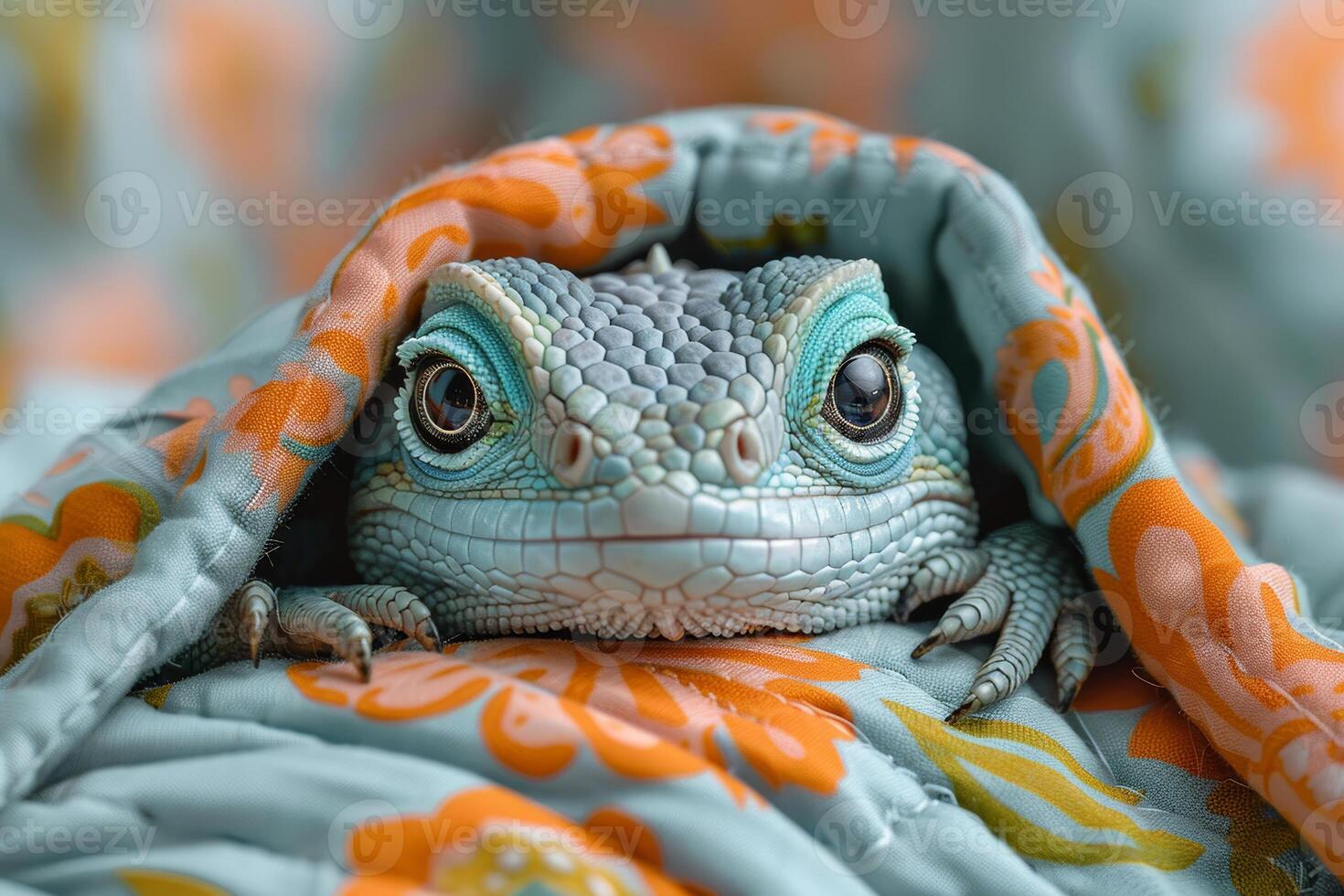 Adorable blue lizard peeking out from under a colorful patterned blanket photo