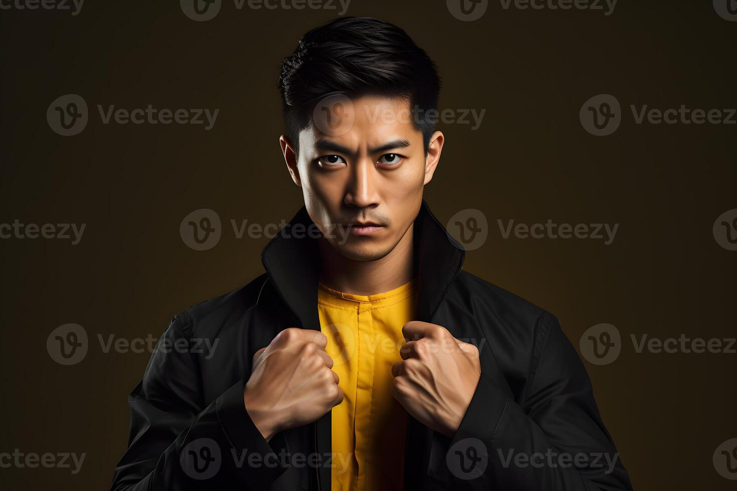 Portrait of a young asian martial artist in a fighting stance, Gold and Slate. photo