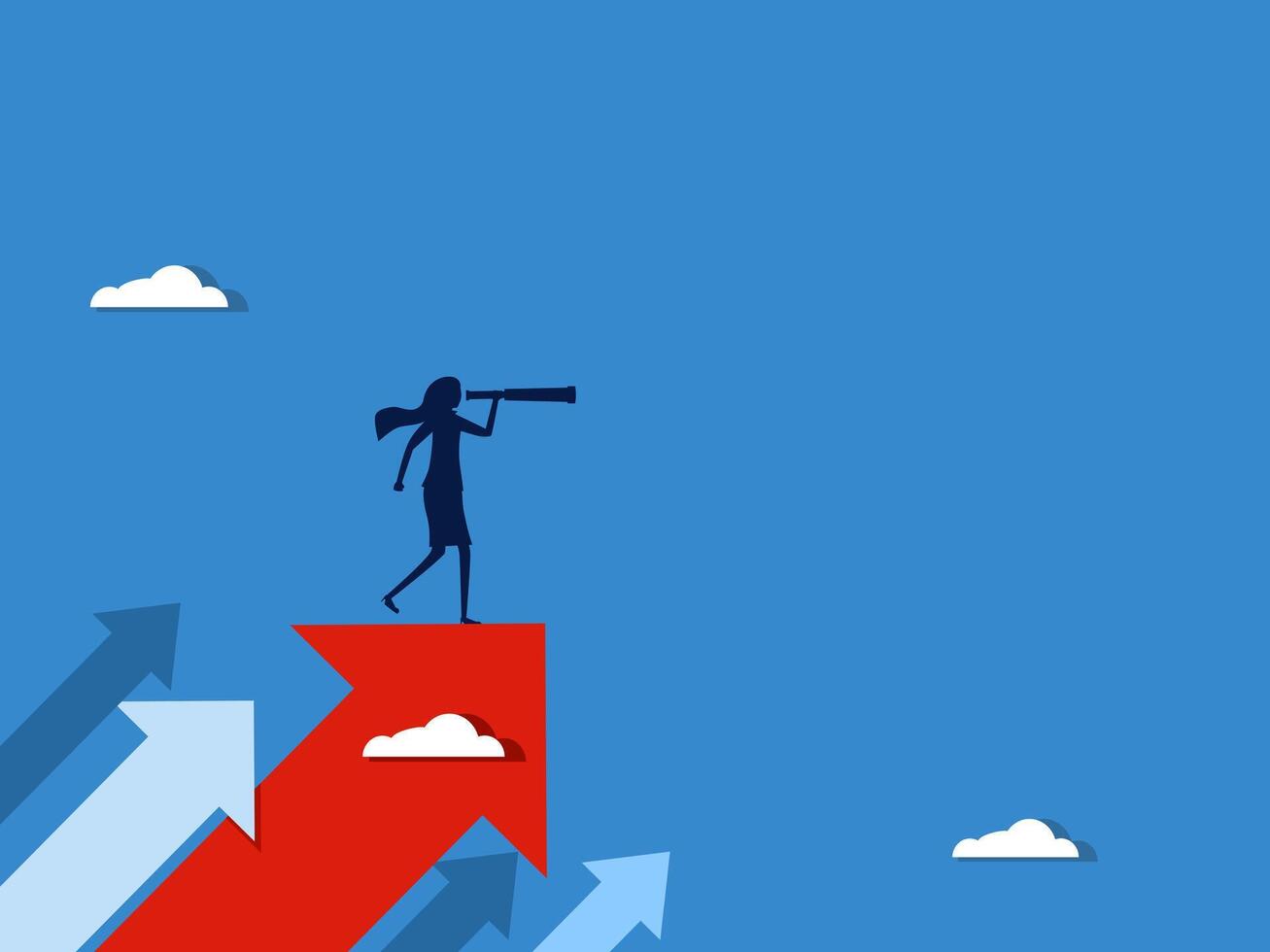 To the goal. woman holding binoculars standing on an arrow up to success vector