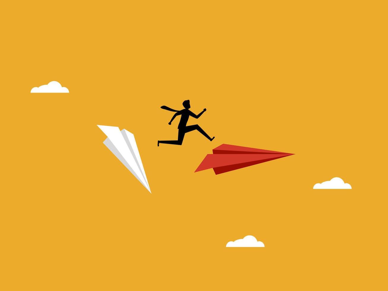 Risk .man jumps over and changes to a new paper plane vector