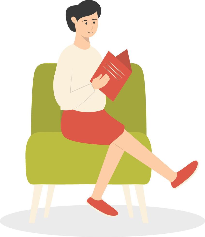 Woman Sitting While Reading Book on White Background. vector