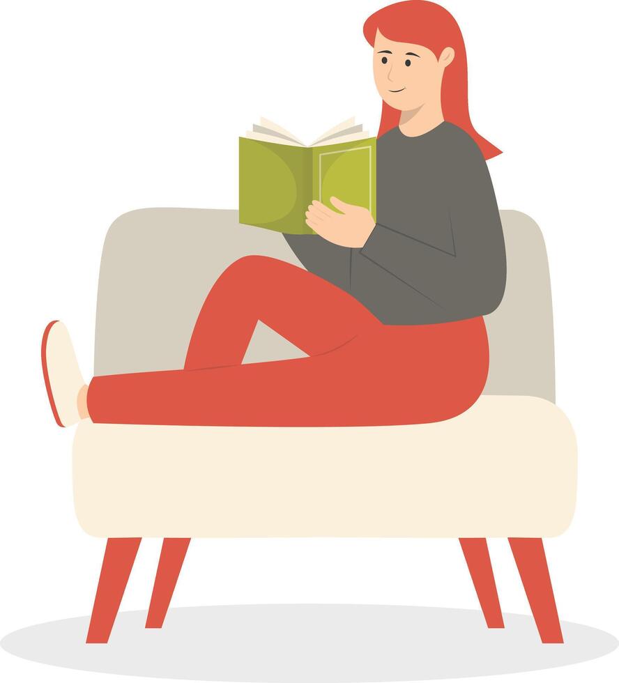 Woman Sitting While Reading Book in Flat Design. vector