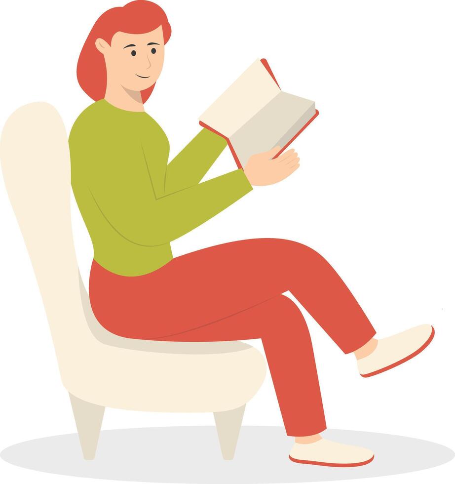 Woman Sitting While Reading Book with Flat Design vector
