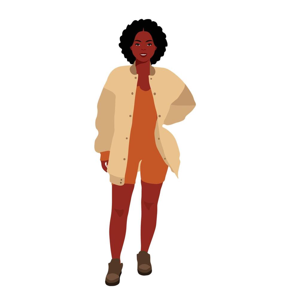 Black woman in tight short jumpsuit vector