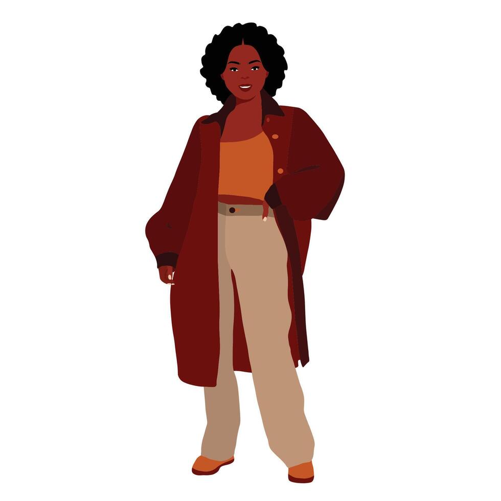 Black girl in long brown coat vector
