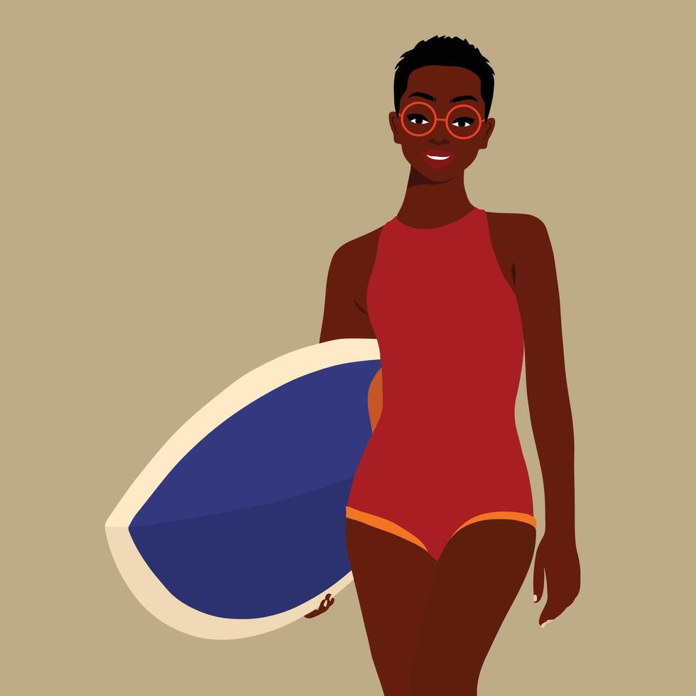 Black girl holding surf board vector
