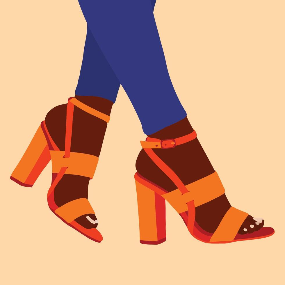 Woman with blue jeans and orange high heel shoes illustration vector