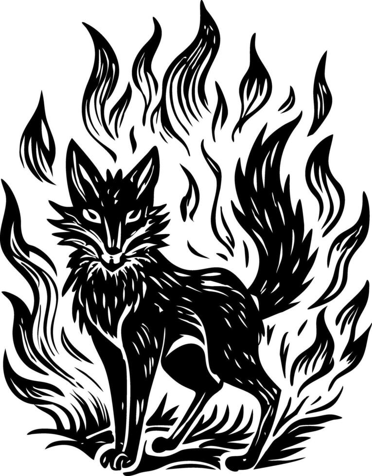 A glyph illustration of flaming fox tattoo vector