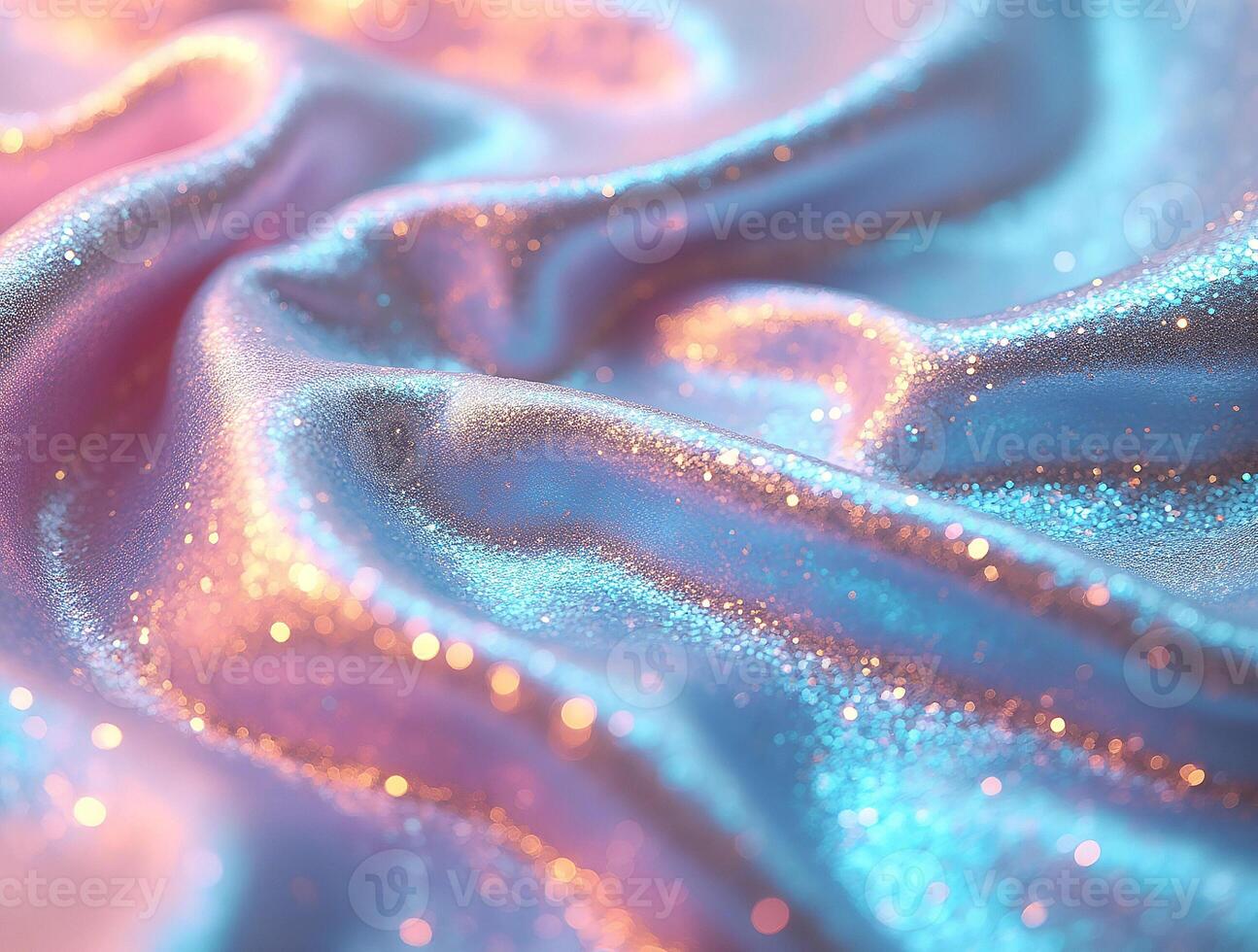 Shimmering fabric displays vibrant hues of pink and blue with sparkling glitter effects under soft light photo