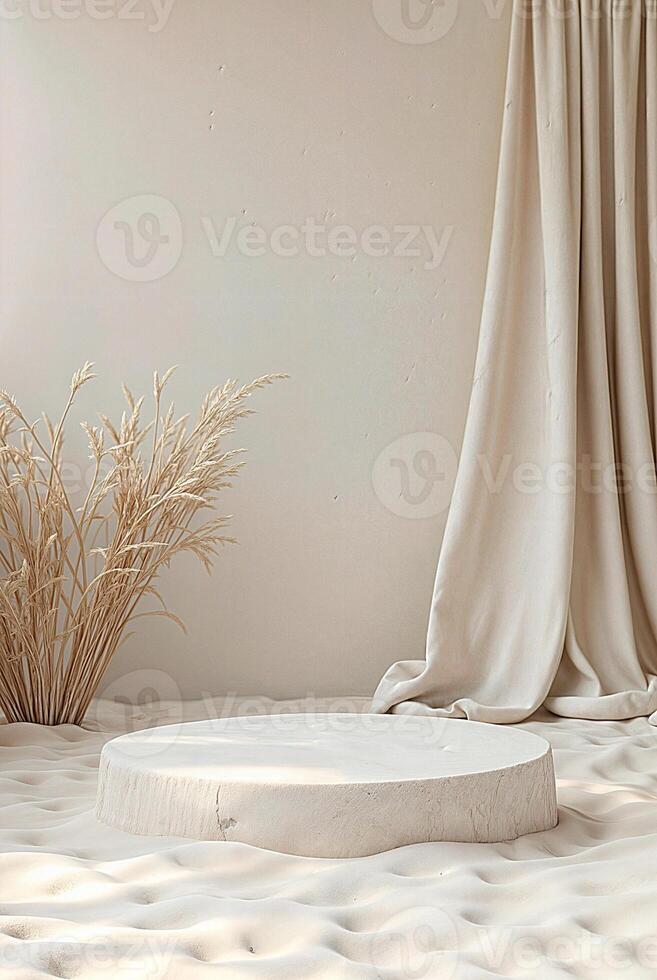 Muted interior space featuring a round white pedestal or podium and dried grass against a neutral backdrop with flowing drapes. Mockup for product photo