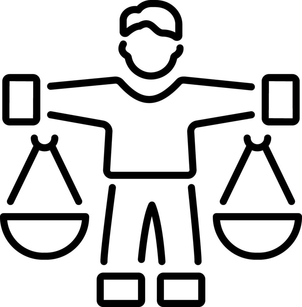 A character holding court scale depicting ethics law, line icon vector