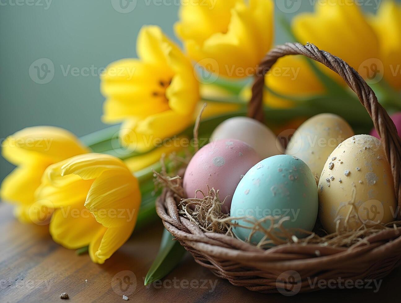 A wicker basket filled with pastel-colored Easter eggs is placed next to vibrant yellow tulips, evoking a cheerful spring atmosphere during the Easter holiday. photo