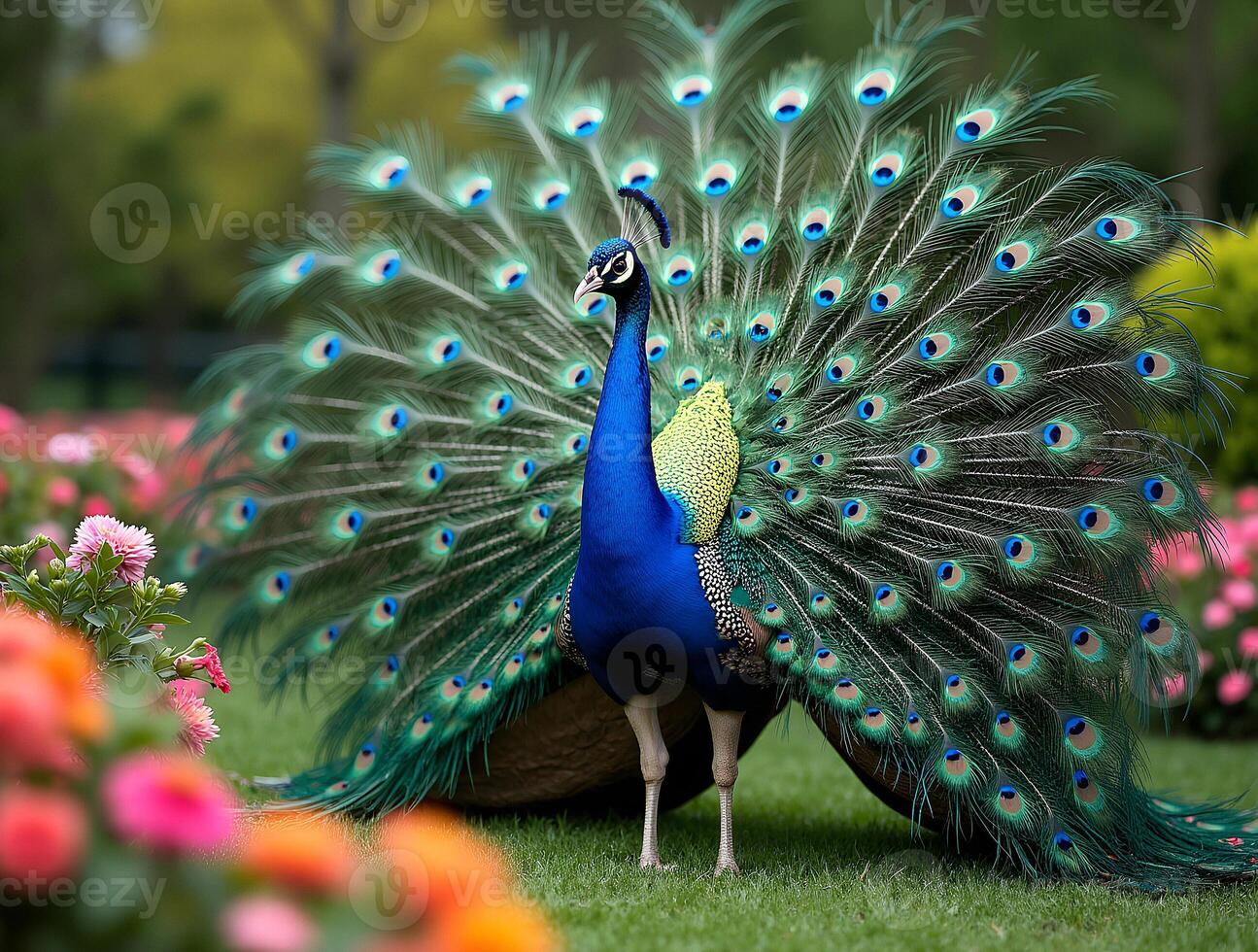 Colorful peacock displays its vibrant feathers in a lush garden filled with blooming flowers during a sunny day photo