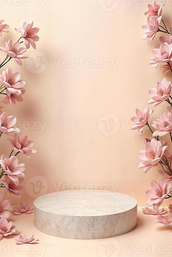 Elegant display setting with pink flowers and a marble pedestal against a soft peach background in a serene indoor space photo
