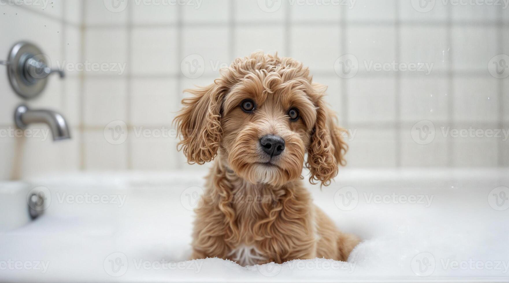 Puppy goldendoodle enjoys a relaxing bubble bath in a white tub surrounded by tiled walls on a sunny afternoon photo