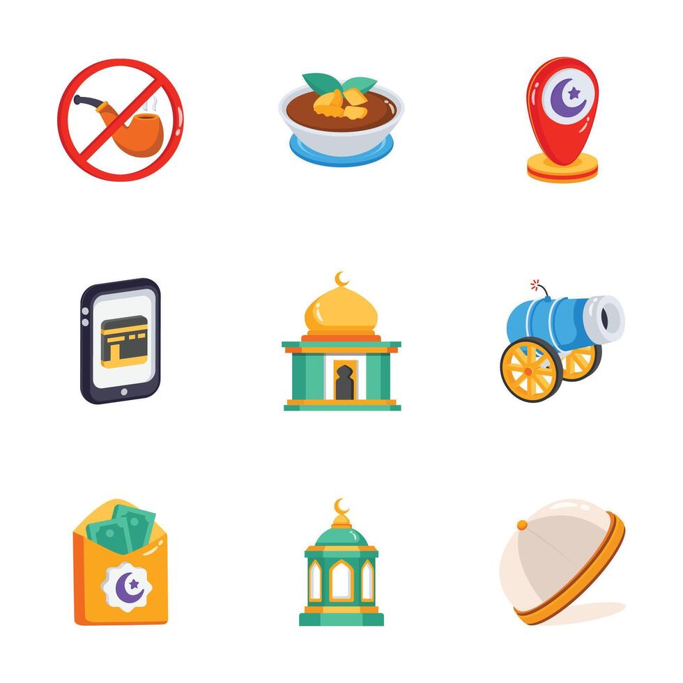 A set of vibrant flat icons depict various Islamic symbols and concepts. vector