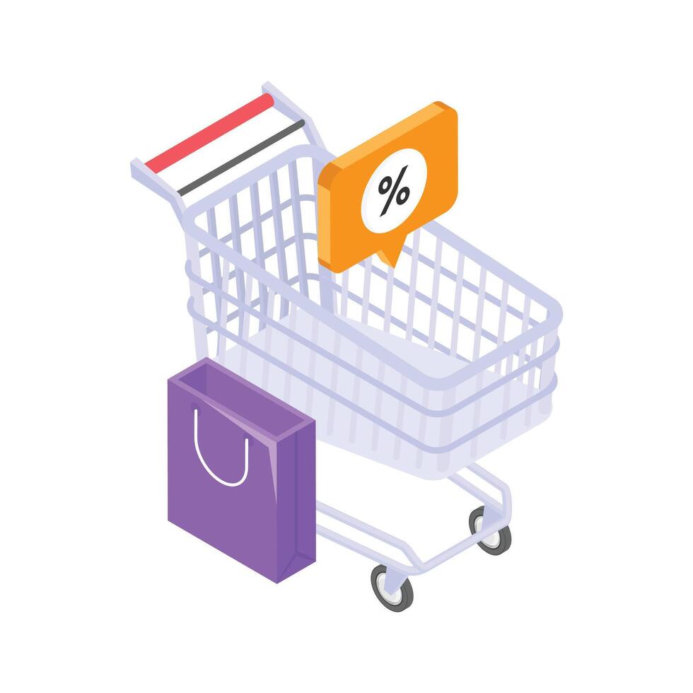 An isometric illustration of a shopping cart with a discount sign vector