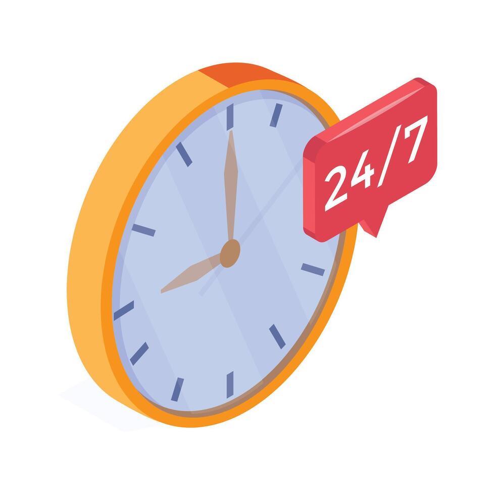 icon of a clock with a 24 7 notification bubble. vector